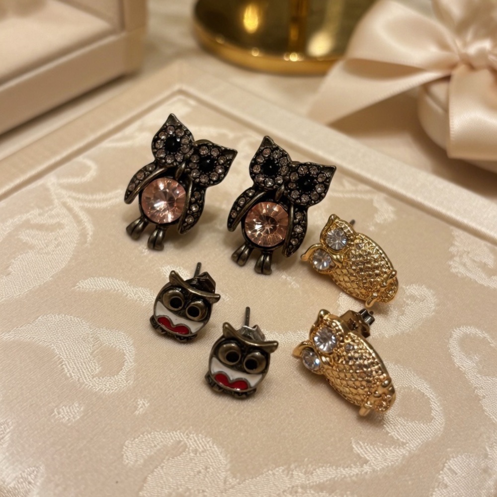 Owl Earrings Lot Rhinestone Owl Stud Earrings Animal Jewelry Set 3 Pairs